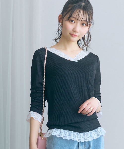 marun(マルン)の「<大きいサイズ>カシュクール風レースアソートカットソートップス marun(Tシャツ/カットソー・レディース・ブラック/オフホワイト/ピンク・L/4L/3L/LL/5L)」の1枚目の写真