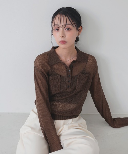 オーラリー ニット モヘア ポロ グレー シャツ シアー トップス レディース セール】シアーモヘアポケットポロニット（ニット/セーター）｜LIAN