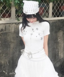 Y2K スター柄 スリムフィット 締め付け感なし スタイルアップ 万能 Tシャツ 学生 デイリー カジュアル お出かけ レディース