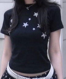 Y2K スター柄 スリムフィット 締め付け感なし スタイルアップ 万能 Tシャツ 学生 デイリー カジュアル お出かけ レディース