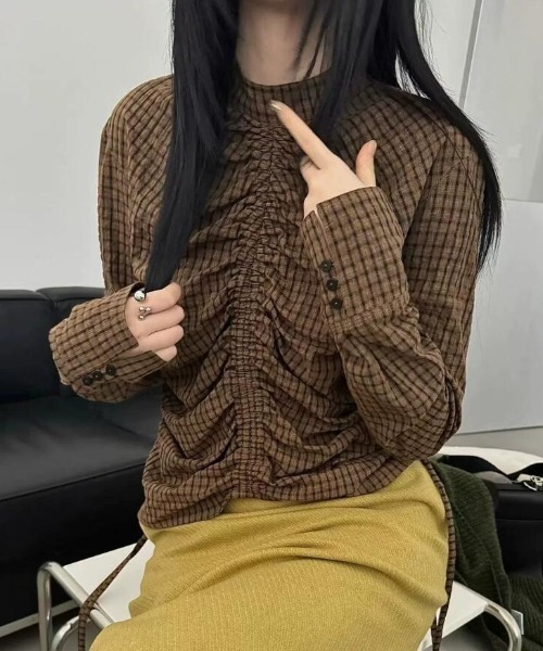semplice（センプリチェ）の「ブラウス【韓国ファッション】（シャツ/ブラウス・レディース・ブラウン/グレー・F）」の2枚目の写真
