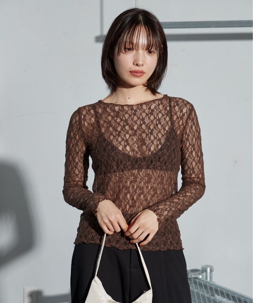OFROOM(オフルーム)の「【2026秋冬新作】Lace Sheer Top|レースシアートップス(Tシャツ/カットソー・レディース・アイボリー/ブラック/ブラウン・FREE)」の15枚目の写真