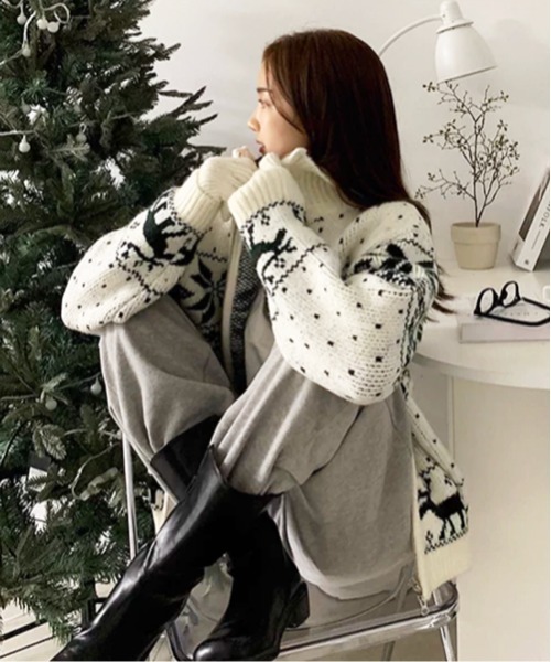 NOWLE(ノウル)の「【NOWLE】ノルディック柄 ジップアップ ニット ブルゾン / スノー&トナカイ ジャガード ニット(ニット/セーター・メンズ・ネイビー/オフホワイト/ブラック/ブラウン・X-LARGE/MEDIUM/LARGE)」の5枚目の写真