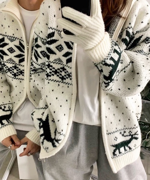 NOWLE(ノウル)の「【NOWLE】ノルディック柄 ジップアップ ニット ブルゾン / スノー&トナカイ ジャガード ニット(ニット/セーター・メンズ・ネイビー/オフホワイト/ブラック/ブラウン・X-LARGE/MEDIUM/LARGE)」の9枚目の写真