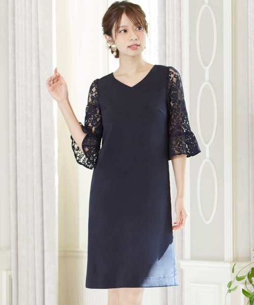 GIRL(ガール)の「レースフレアスリーブVネック結婚式ワンピース - 二次会・成人式・同窓会・謝恩会・お呼ばれ対応フォーマルパーティードレス(ドレス)」|ネイビー