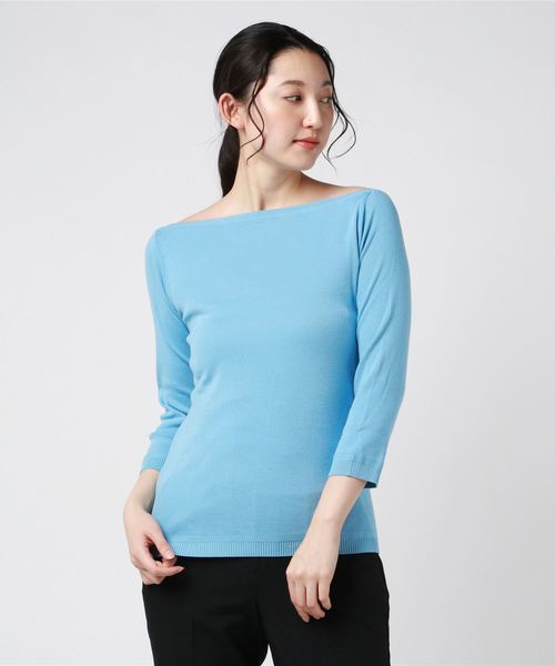 BENETTON (UNITED COLORS OF BENETTON)(ベネトンユナイテッドカラーズオブベネトン)の「コットンボートネック7分袖ニット・セーター(ニット/セーター)」|スカイブルー