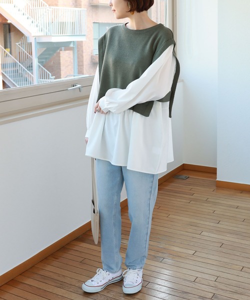 andme(アンドミー)の「フェイクレイヤードニットベストトップス(シャツ/ブラウス・レディース・ブラック/ベージュ/カーキ・M)」の21枚目の写真