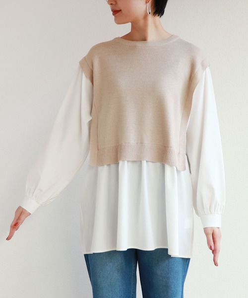 andme(アンドミー)の「フェイクレイヤードニットベストトップス(シャツ/ブラウス・レディース・ブラック/ベージュ/カーキ・M)」の4枚目の写真
