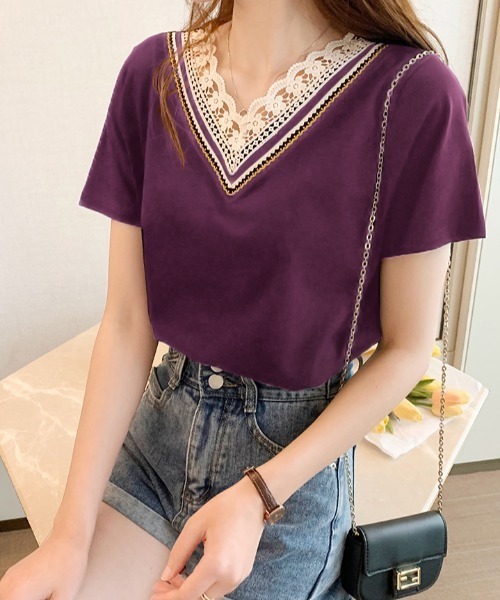 ABITOKYO(アビトーキョー)の「衿Vライン刺繍スカラップレースカットTシャツ(Tシャツ/カットソー・レディース・ホワイト/ブラック/ライトグリーン/ライトパープル/ブルーグレー/ベージュ/サックスブルー/グレー/ブラウン/ピンクベージュ/ダークブルー/パープル/チャコールグレー・M/L)」の11枚目の写真