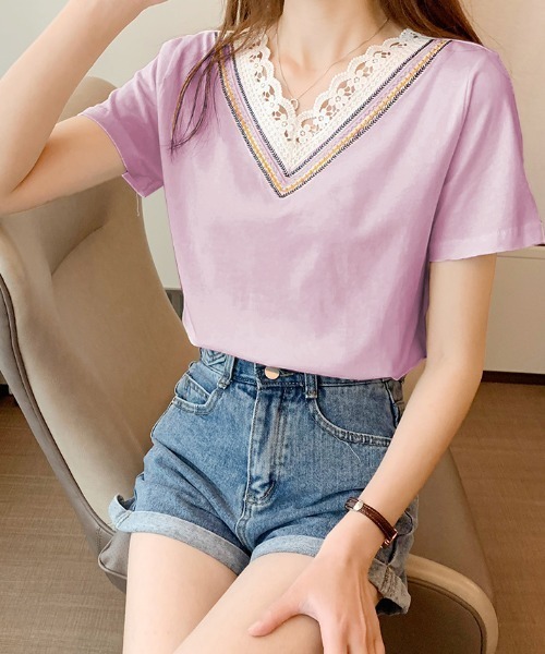 ABITOKYO(アビトーキョー)の「衿Vライン刺繍スカラップレースカットTシャツ(Tシャツ/カットソー・レディース・ホワイト/ブラック/ライトグリーン/ライトパープル/ブルーグレー/ベージュ/サックスブルー/グレー/ブラウン/ピンクベージュ/ダークブルー/パープル/チャコールグレー・M/L)」の12枚目の写真