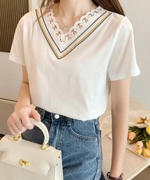 衿Vライン刺繍スカラップレースカットTシャツ