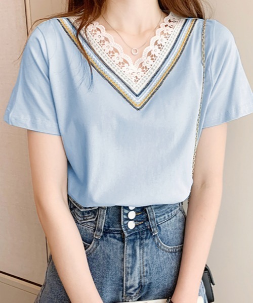 ABITOKYO(アビトーキョー)の「衿Vライン刺繍スカラップレースカットTシャツ(Tシャツ/カットソー・レディース・ホワイト/ブラック/ライトグリーン/ライトパープル/ブルーグレー/ベージュ/サックスブルー/グレー/ブラウン/ピンクベージュ/ダークブルー/パープル/チャコールグレー・M/L)」の9枚目の写真