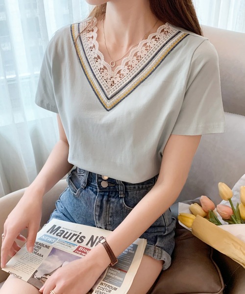 ABITOKYO(アビトーキョー)の「衿Vライン刺繍スカラップレースカットTシャツ(Tシャツ/カットソー・レディース・ホワイト/ブラック/ライトグリーン/ライトパープル/ブルーグレー/ベージュ/サックスブルー/グレー/ブラウン/ピンクベージュ/ダークブルー/パープル/チャコールグレー・M/L)」の20枚目の写真
