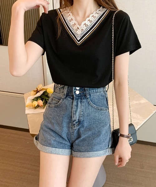 ABITOKYO(アビトーキョー)の「衿Vライン刺繍スカラップレースカットTシャツ(Tシャツ/カットソー・レディース・ホワイト/ブラック/ライトグリーン/ライトパープル/ブルーグレー/ベージュ/サックスブルー/グレー/ブラウン/ピンクベージュ/ダークブルー/パープル/チャコールグレー・M/L)」の14枚目の写真