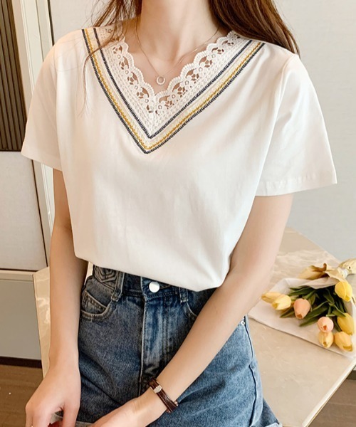 ABITOKYO(アビトーキョー)の「衿Vライン刺繍スカラップレースカットTシャツ(Tシャツ/カットソー・レディース・ホワイト/ブラック/ライトグリーン/ライトパープル/ブルーグレー/ベージュ/サックスブルー/グレー/ブラウン/ピンクベージュ/ダークブルー/パープル/チャコールグレー・M/L)」の18枚目の写真