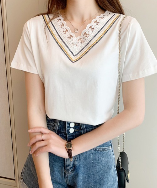 ABITOKYO(アビトーキョー)の「衿Vライン刺繍スカラップレースカットTシャツ(Tシャツ/カットソー・レディース・ホワイト/ブラック/ライトグリーン/ライトパープル/ブルーグレー/ベージュ/サックスブルー/グレー/ブラウン/ピンクベージュ/ダークブルー/パープル/チャコールグレー・M/L)」の16枚目の写真