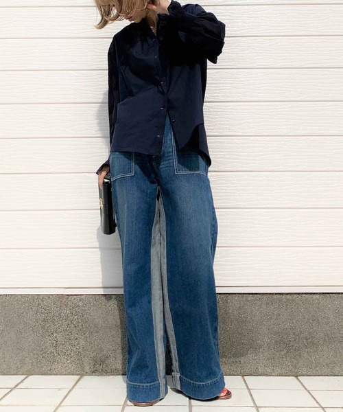 Q（キュー）の「コットンボイルギャザーシャーリングブラウス（シャツ/ブラウス・レディース・ライトブルー/ネイビー/アイボリー・MEDIUM）」の4枚目の写真