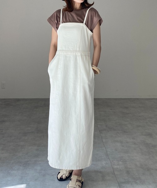 She's Closet(シーズクローゼット)の「ハイウエスト切り替えデニムツイルロングジャンパースカートワンピース(ジャンパースカート・レディース・ブラック/グレー/オフホワイト/ブルー・FREE)」の2枚目の写真