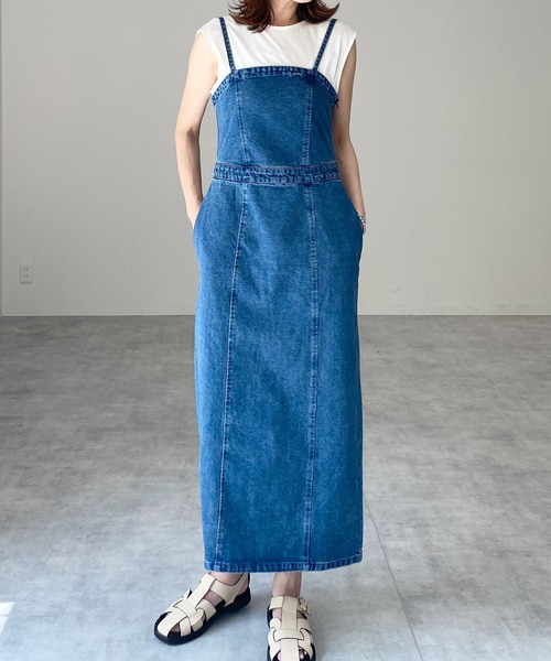 She's Closet(シーズクローゼット)の「ハイウエスト切り替えデニムツイルロングジャンパースカートワンピース(ジャンパースカート・レディース・ブラック/グレー/オフホワイト/ブルー・FREE)」の4枚目の写真