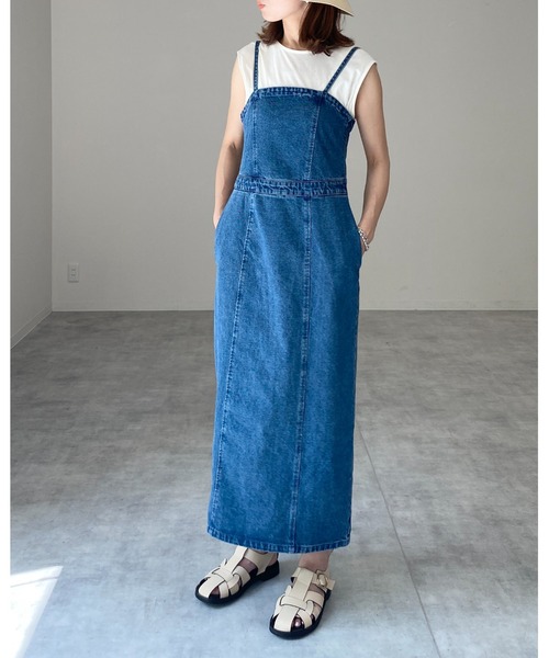 She's Closet(シーズクローゼット)の「ハイウエスト切り替えデニムツイルロングジャンパースカートワンピース(ジャンパースカート・レディース・ブラック/グレー/オフホワイト/ブルー・FREE)」の5枚目の写真