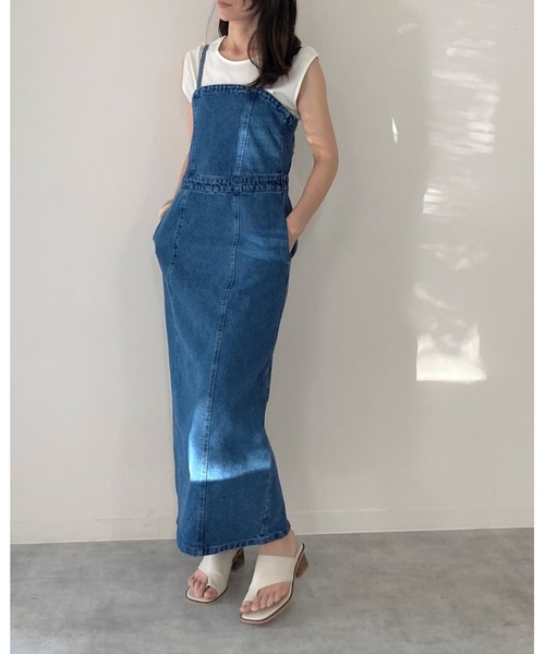 She's Closet(シーズクローゼット)の「ハイウエスト切り替えデニムツイルロングジャンパースカートワンピース(ジャンパースカート・レディース・ブラック/グレー/オフホワイト/ブルー・FREE)」の19枚目の写真