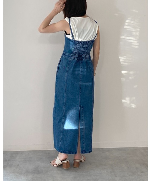 She's Closet(シーズクローゼット)の「ハイウエスト切り替えデニムツイルロングジャンパースカートワンピース(ジャンパースカート・レディース・ブラック/グレー/オフホワイト/ブルー・FREE)」の6枚目の写真