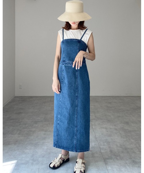 She's Closet(シーズクローゼット)の「ハイウエスト切り替えデニムツイルロングジャンパースカートワンピース(ジャンパースカート・レディース・ブラック/グレー/オフホワイト/ブルー・FREE)」の8枚目の写真