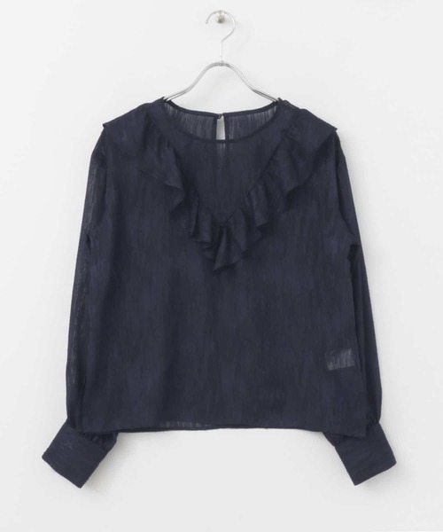 KBF+（ケービーエフプラス）の「KBF+　シアーフリルブラウス∴（シャツ/ブラウス・レディース・ネイビー/ホワイト系その他/ピンク系その他・ONE）」の8枚目の写真