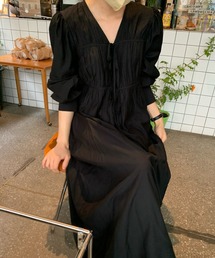 【LEJA】無地Vネックリボンオーバーサイズロングワンピース