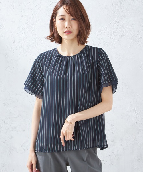 A/C DESIGN BY ALPHA CUBIC(エーシーデザインバイアルファキュービック)の「ストライプシフォンTブラウス(Tシャツ/カットソー・レディース・ブラック/ネイビー/オフホワイト・LL/M/L)」の3枚目の写真