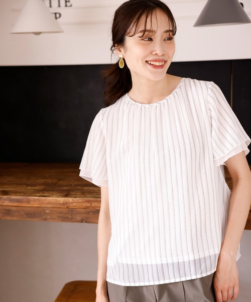 A/C DESIGN BY ALPHA CUBIC(エーシーデザインバイアルファキュービック)の「ストライプシフォンTブラウス(Tシャツ/カットソー・レディース・ブラック/ネイビー/オフホワイト・LL/M/L)」の4枚目の写真