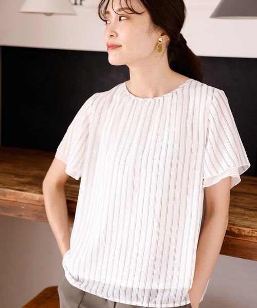A/C DESIGN BY ALPHA CUBIC(エーシーデザインバイアルファキュービック)の「ストライプシフォンTブラウス(Tシャツ/カットソー・レディース・ブラック/ネイビー/オフホワイト・LL/M/L)」の5枚目の写真
