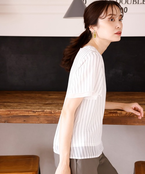 A/C DESIGN BY ALPHA CUBIC(エーシーデザインバイアルファキュービック)の「ストライプシフォンTブラウス(Tシャツ/カットソー・レディース・ブラック/ネイビー/オフホワイト・LL/M/L)」の6枚目の写真
