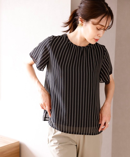 A/C DESIGN BY ALPHA CUBIC(エーシーデザインバイアルファキュービック)の「ストライプシフォンTブラウス(Tシャツ/カットソー・レディース・ブラック/ネイビー/オフホワイト・LL/M/L)」の11枚目の写真