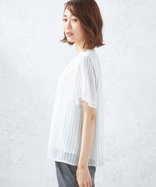 A/C DESIGN BY ALPHA CUBIC(エーシーデザインバイアルファキュービック)の「ストライプシフォンTブラウス(Tシャツ/カットソー・レディース・ブラック/ネイビー/オフホワイト・LL/M/L)」の16枚目の写真