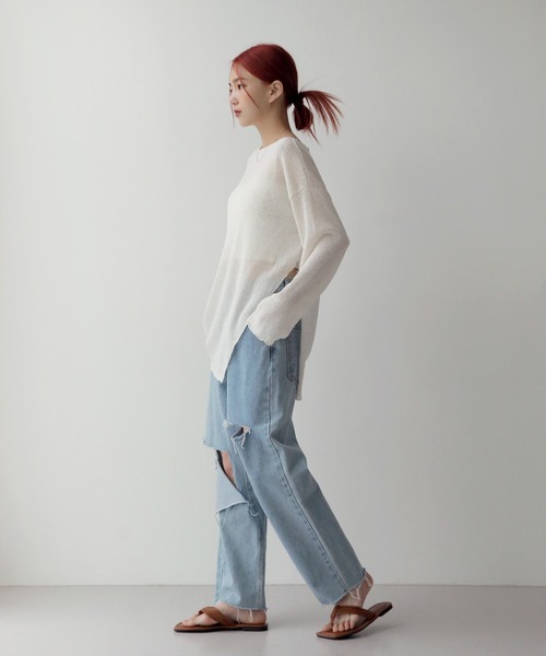 UNE MANSION(ユヌマンション)の「【NEWカラー登場!8色展開サマーニット】オーバーサイズシースルーサイドスリットサマーニット(ニット/セーター・レディース・ブラック/ベージュ/グリーン/アイボリー/チャコールグレー/スカイブルー/グレー/ピンク・FREE)」の21枚目の写真