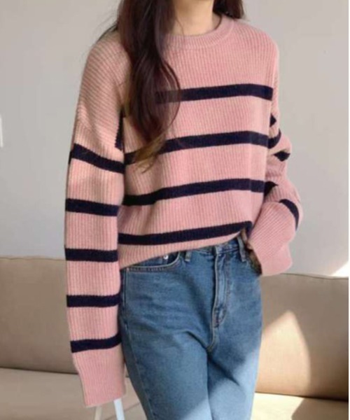 AMELY（エミリー）の「ボーダールーズニットトップス（ニット/セーター・レディース・ホワイト/ブラック/ピンク・フリー/M/L）」の3枚目の写真