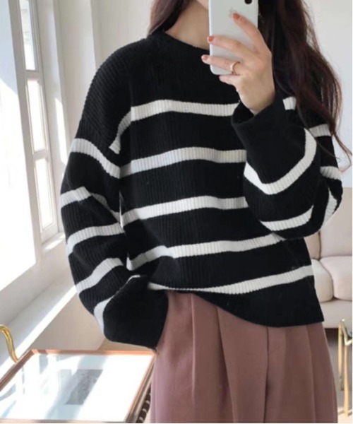 AMELY（エミリー）の「ボーダールーズニットトップス（ニット/セーター・レディース・ホワイト/ブラック/ピンク・フリー/M/L）」の8枚目の写真
