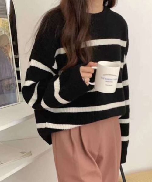 AMELY（エミリー）の「ボーダールーズニットトップス（ニット/セーター・レディース・ホワイト/ブラック/ピンク・フリー/M/L）」の19枚目の写真