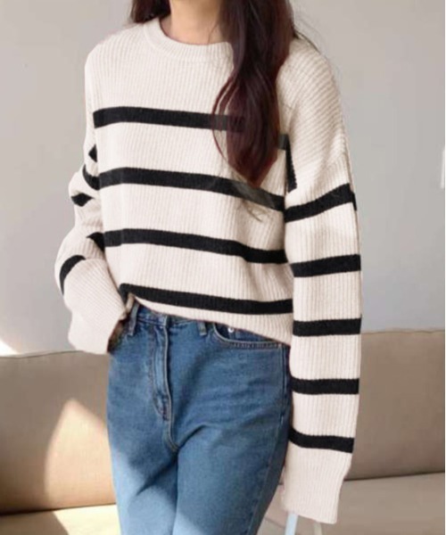 AMELY（エミリー）の「ボーダールーズニットトップス（ニット/セーター・レディース・ホワイト/ブラック/ピンク・フリー/M/L）」の18枚目の写真