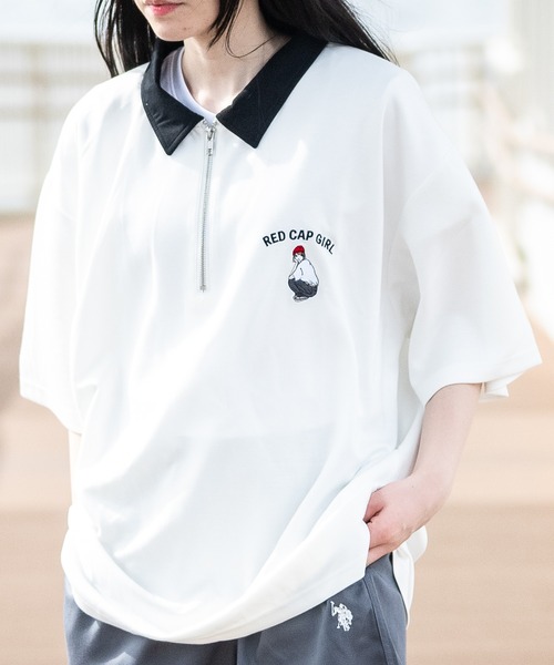 Red Cap Girl（レッドキャプガール）の「【a-r】〔RedCapGirl/レッドキャップガール〕接触冷感 とろみポンチ ワンポイント胸刺繍 半袖ハーフジップ（ポロシャツ・メンズ・ホワイト/グレイッシュベージュ/ブラック/ブルー/ライトグレー/チャコールグレー/ダークブルー/ピンク/グリーン・MEDIUM/LARGE/X-LARGE）」の15枚目の写真