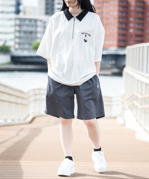 Red Cap Girl（レッドキャプガール）の「【a-r】〔RedCapGirl/レッドキャップガール〕接触冷感 とろみポンチ ワンポイント胸刺繍 半袖ハーフジップ（ポロシャツ・メンズ・ホワイト/グレイッシュベージュ/ブラック/ブルー/ライトグレー/チャコールグレー/ダークブルー/ピンク/グリーン・MEDIUM/LARGE/X-LARGE）」の12枚目の写真