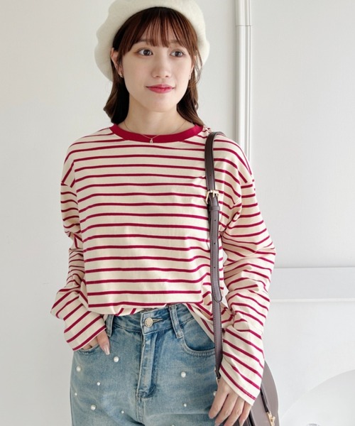 Loueme（ルエム）の「カラーボーダーロングスリーブカットソー（Tシャツ/カットソー・レディース・レッド/グリーン/ブラック・FREE）」の3枚目の写真