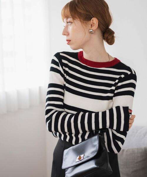 WEGO（ウィゴー）の「WEGO/パネルボーダーニットトップ（ニット/セーター・レディース・ブラウン/ホワイト/グリーン・FREE）」の2枚目の写真