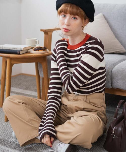 WEGO（ウィゴー）の「WEGO/パネルボーダーニットトップ（ニット/セーター・レディース・ブラウン/ホワイト/グリーン・FREE）」の14枚目の写真