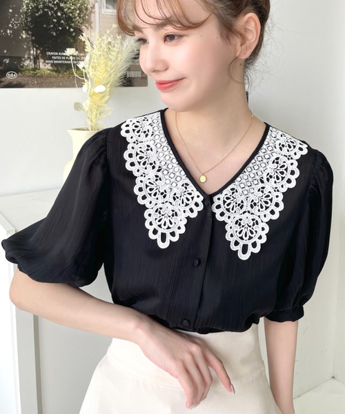セール】シアーランダムプリーツレースカラーレトロ半袖ブラウス