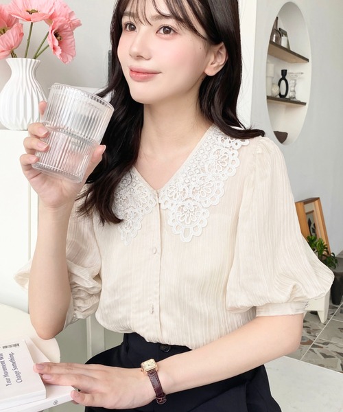 セール】シアーランダムプリーツレースカラーレトロ半袖ブラウス
