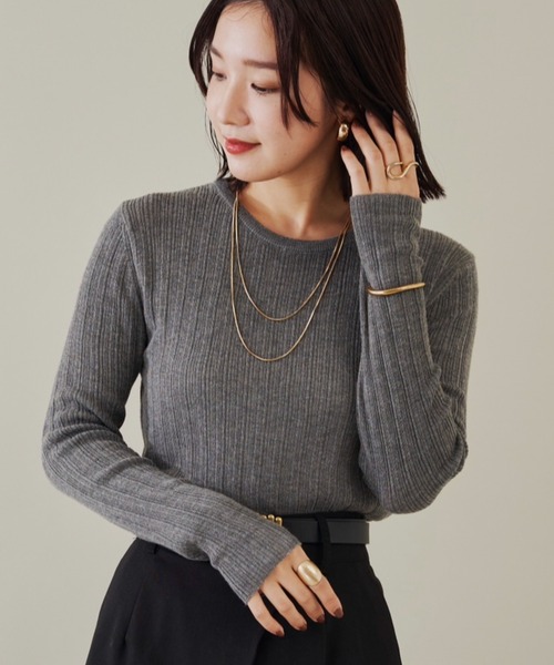 Shelly island（シェリーアイランド）の「クルーネックリブニットトップス（ニット/セーター・レディース・グレー/ブラック/ホワイト・FREE）」の3枚目の写真