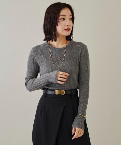 Shelly island（シェリーアイランド）の「クルーネックリブニットトップス（ニット/セーター・レディース・グレー/ブラック/ホワイト・FREE）」の8枚目の写真