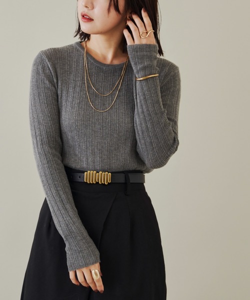 Shelly island（シェリーアイランド）の「クルーネックリブニットトップス（ニット/セーター・レディース・グレー/ブラック/ホワイト・FREE）」の6枚目の写真